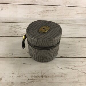 Fossil Grey Croc Embossed Leather Round Jewelry Travel Case Organizer Zip Box